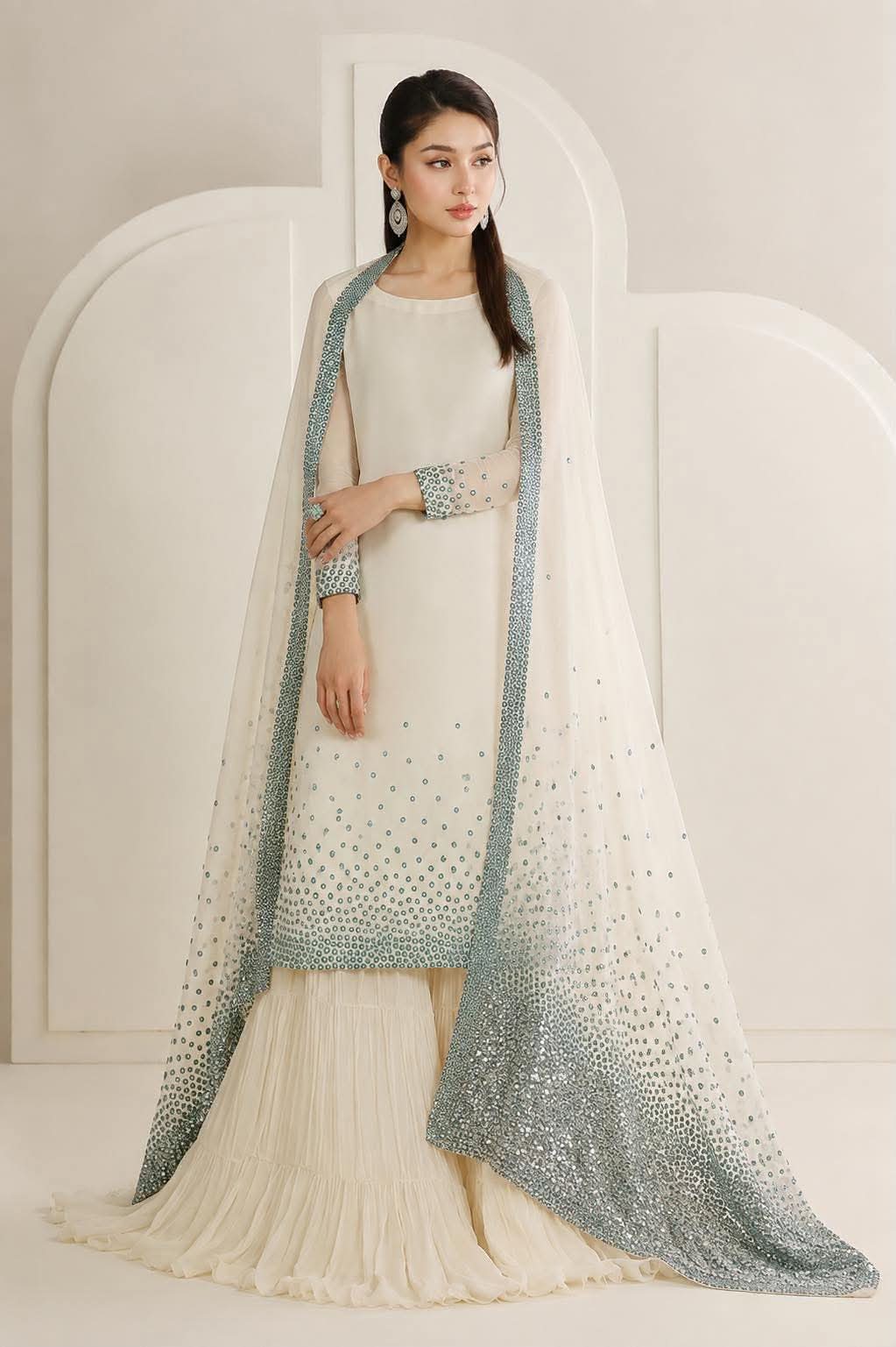 JAZMIN CHIFFON PREMIUM CREAM SEA SEQUENCE EMBROIDERED