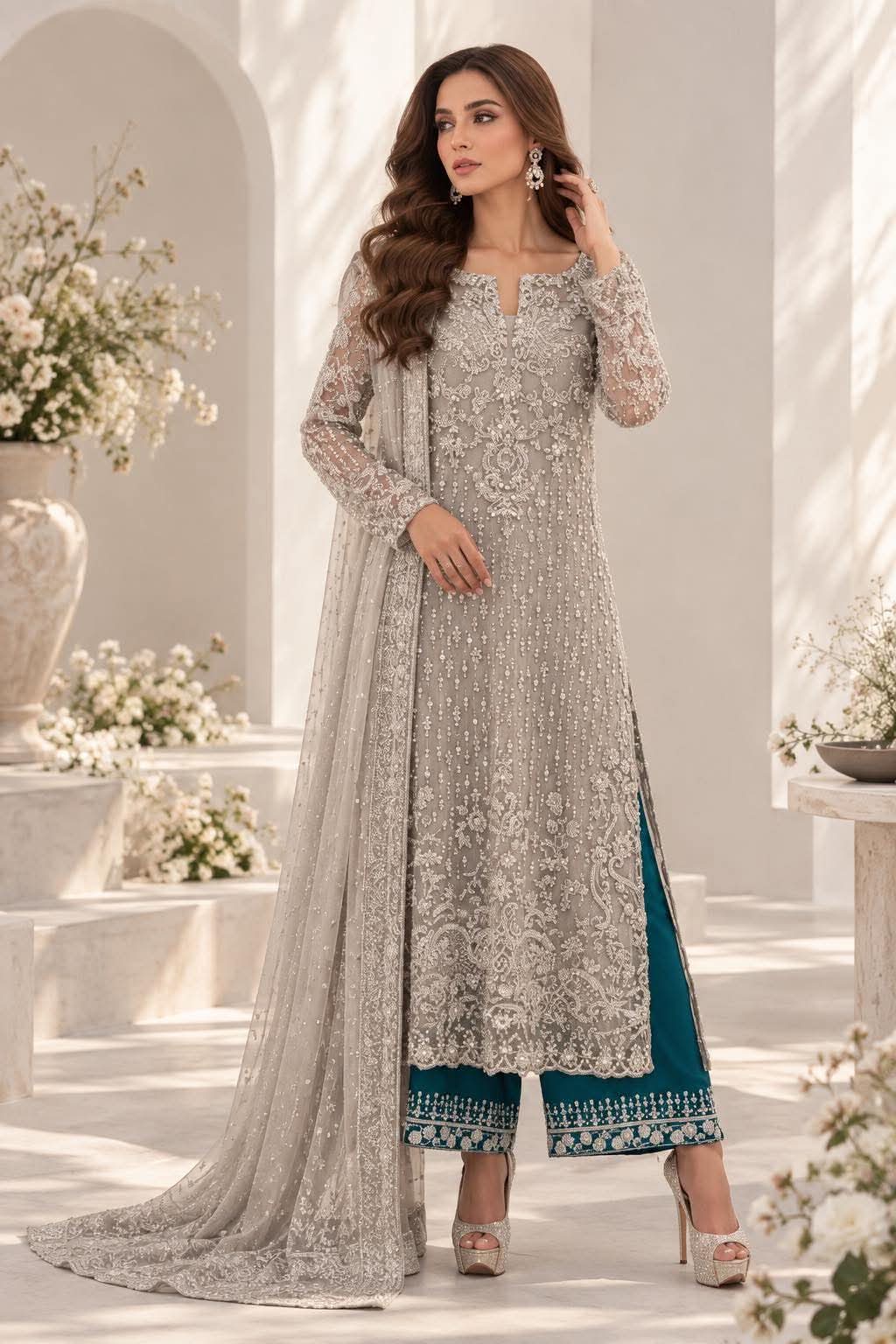 MINA HASSAN INSPIRED PREMIUM NET EMBROIDERED DRESS