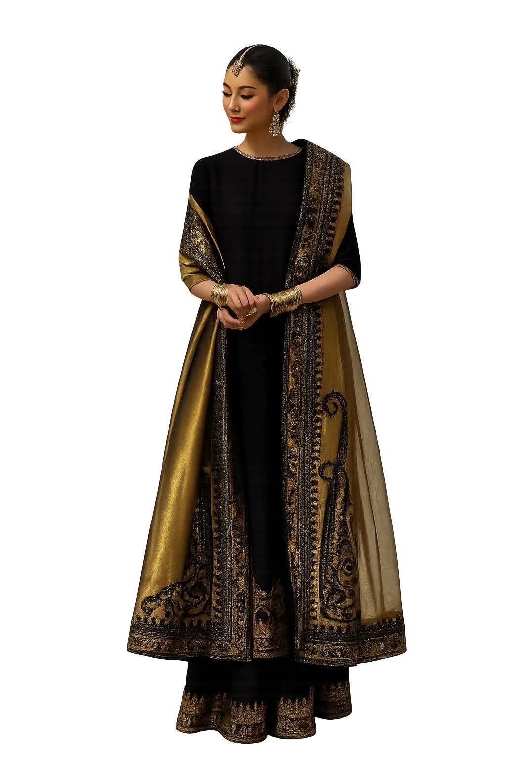 Royal Black Stitched Silk Dress with Golden Zari Shimmer Dupatta