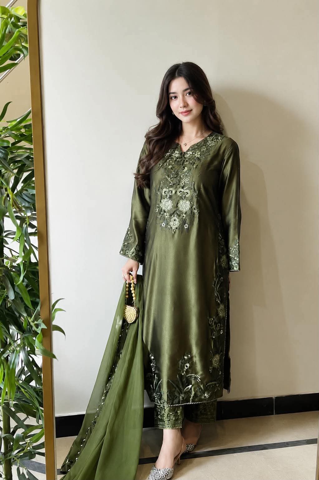 MAHIRA NOOR SILK GREEN EMBROIDERED 3PCS