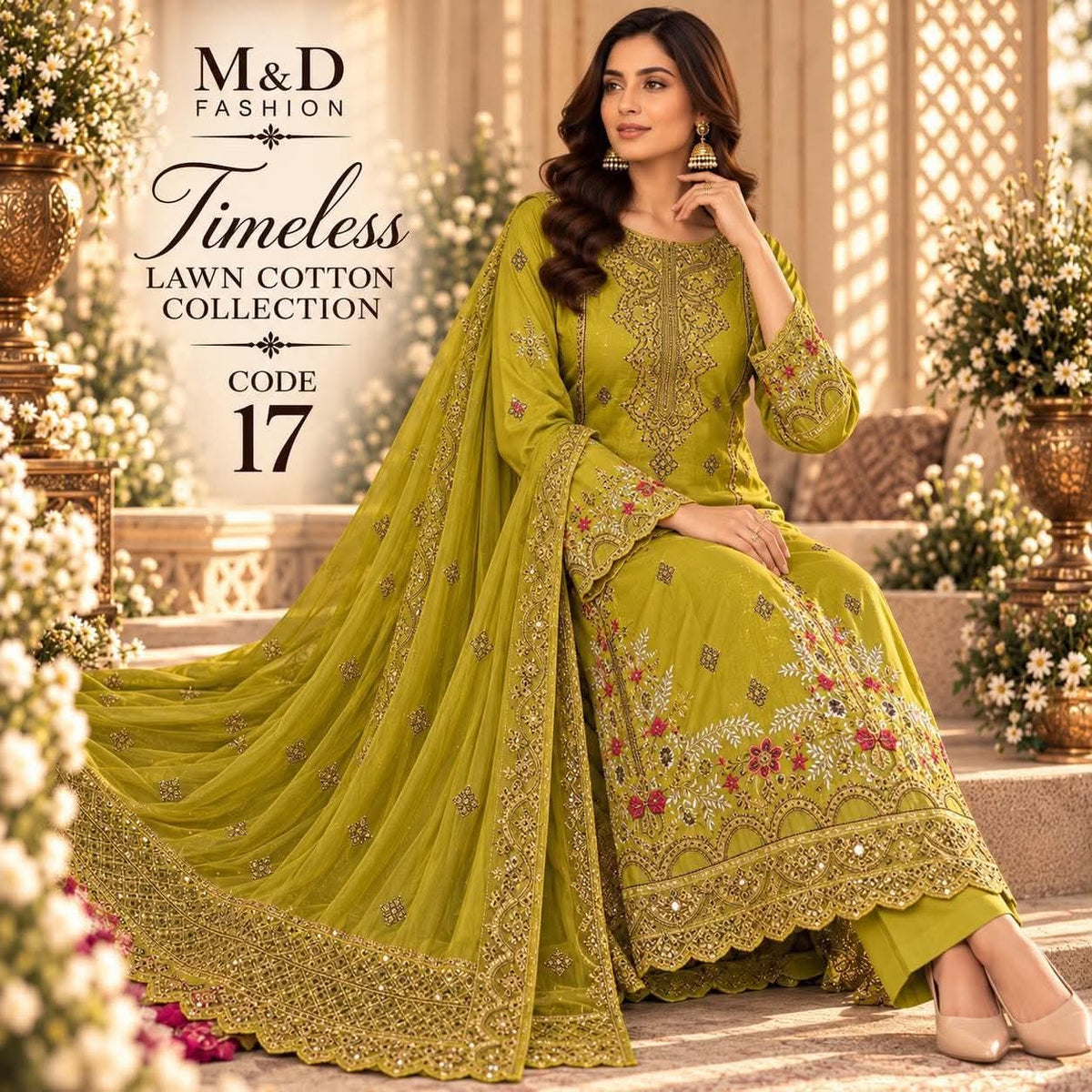 TIMELESS 17 OLIVE LIME LAWN COTTON WITH CHIFFON DUPPATA
