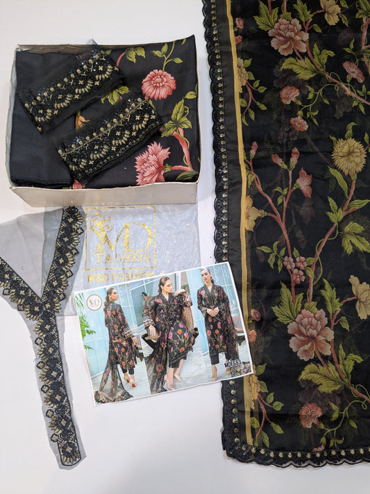 NUREH GARDENIA BLACK LAWN PRINTED EMBROIDERED