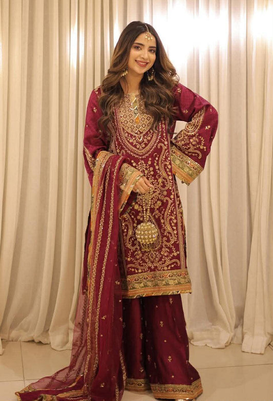 ANEELA SABOOR CHARMEUSE SILK EMBROIDERED DRESS