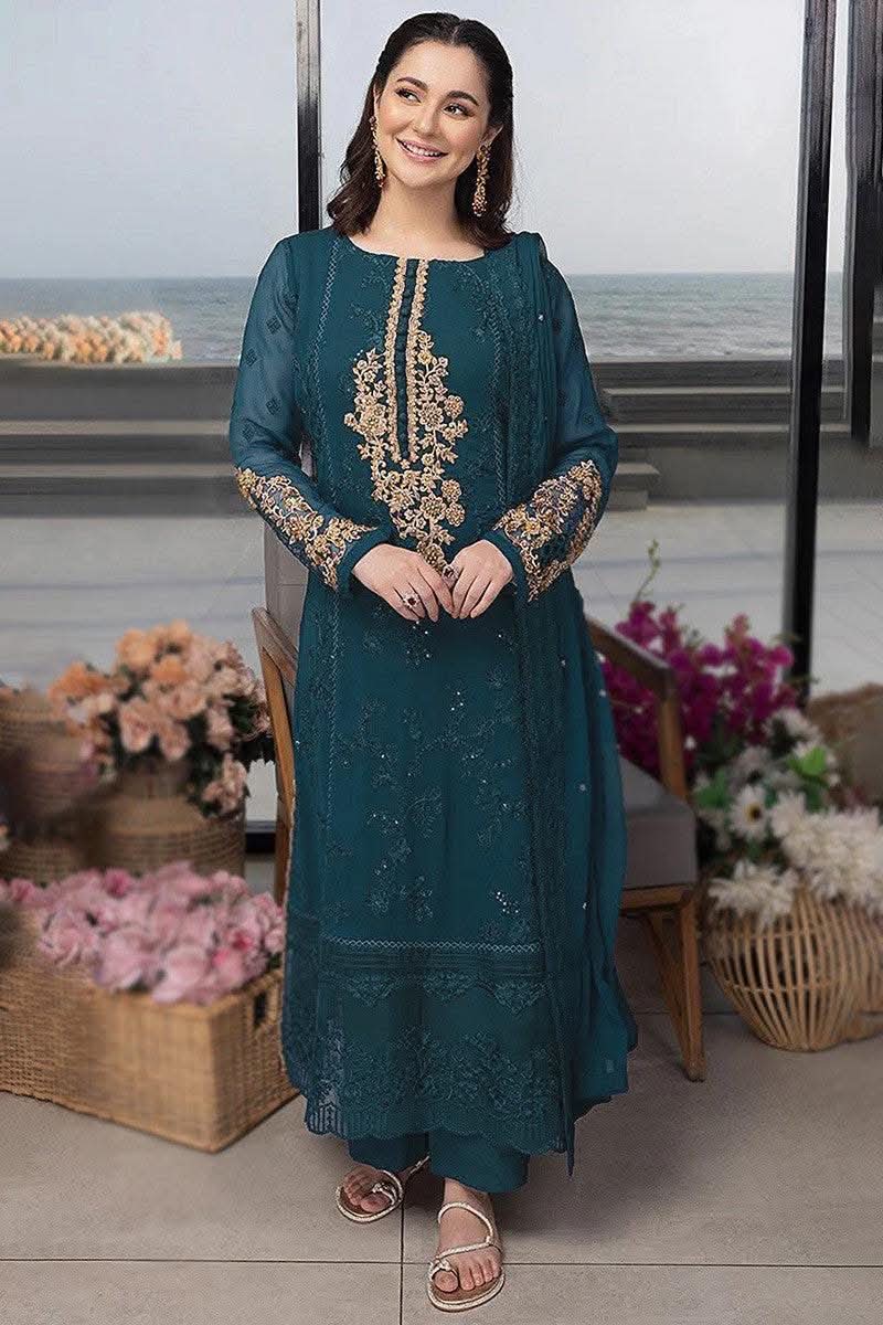 AZURE INSPIRED GREEN CHIFFON EMBROIDERED