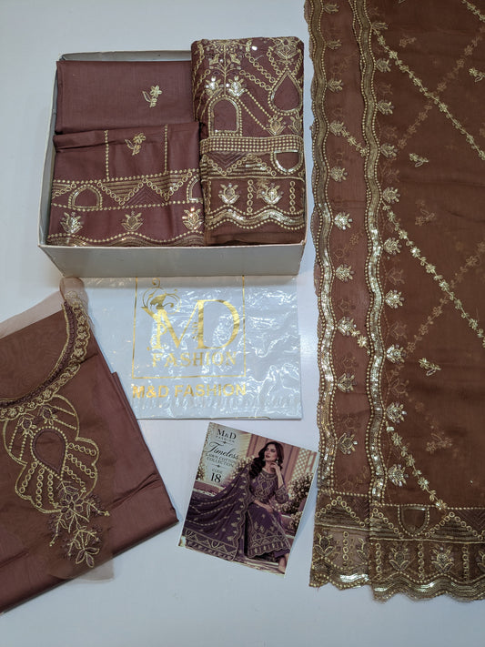 TIMELESS 18 KALEJI BROWN LAWN COTTON WITH CHIFFON DUPPATA