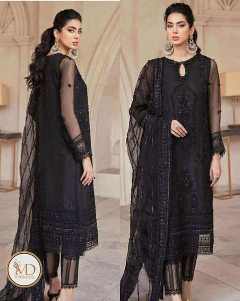 Mushq Jet Black Hand Embellished Net Embroidered
