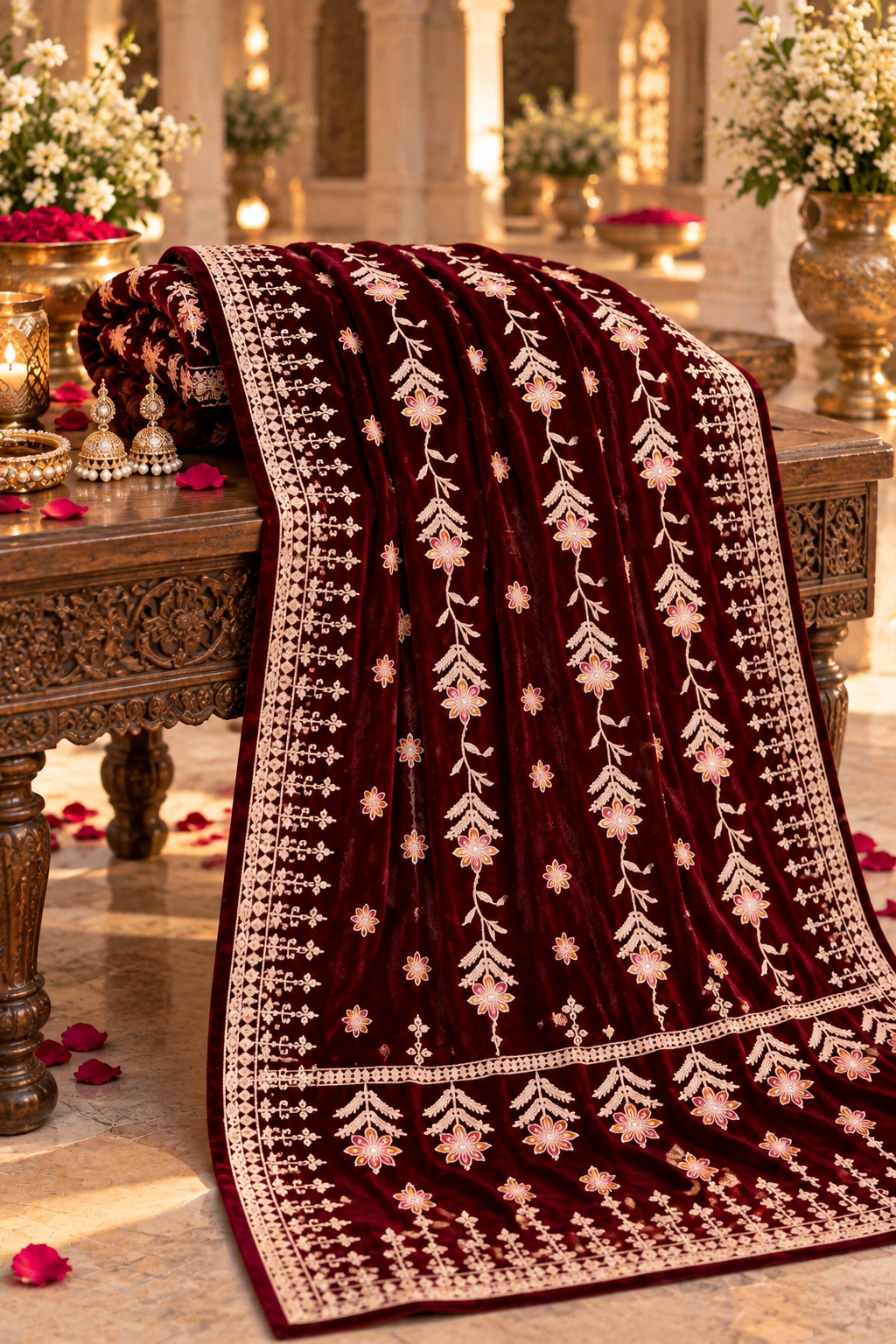 ZARQÉ Shajar Maroon Velvet Suit with Makhmal Shawl Embroidered