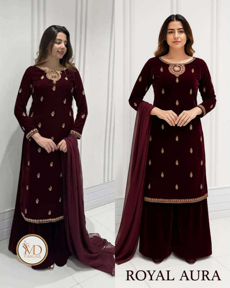 Baroque Burgundy Handwork Velvet Dress