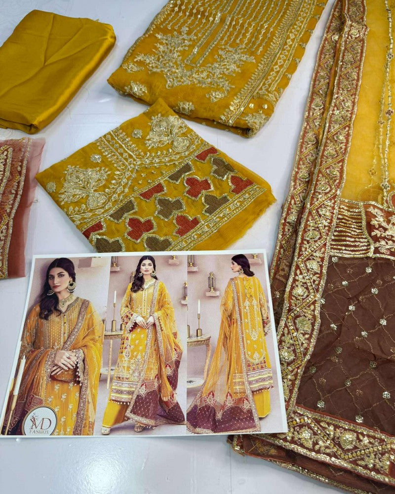 Adan Libas Mustard Maroon Embroidered Haldi Dress