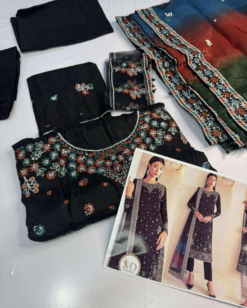 Jazmin Raw Silk Black With Multi Work