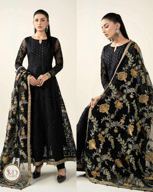 Maria B Jet Black Organza Dress With Heavy Duppata