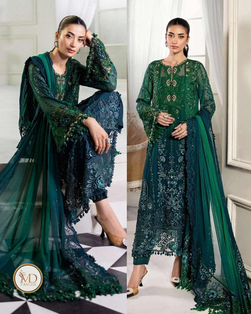 Maria B Emerald Green To Teal Pure Chiffon Suit
