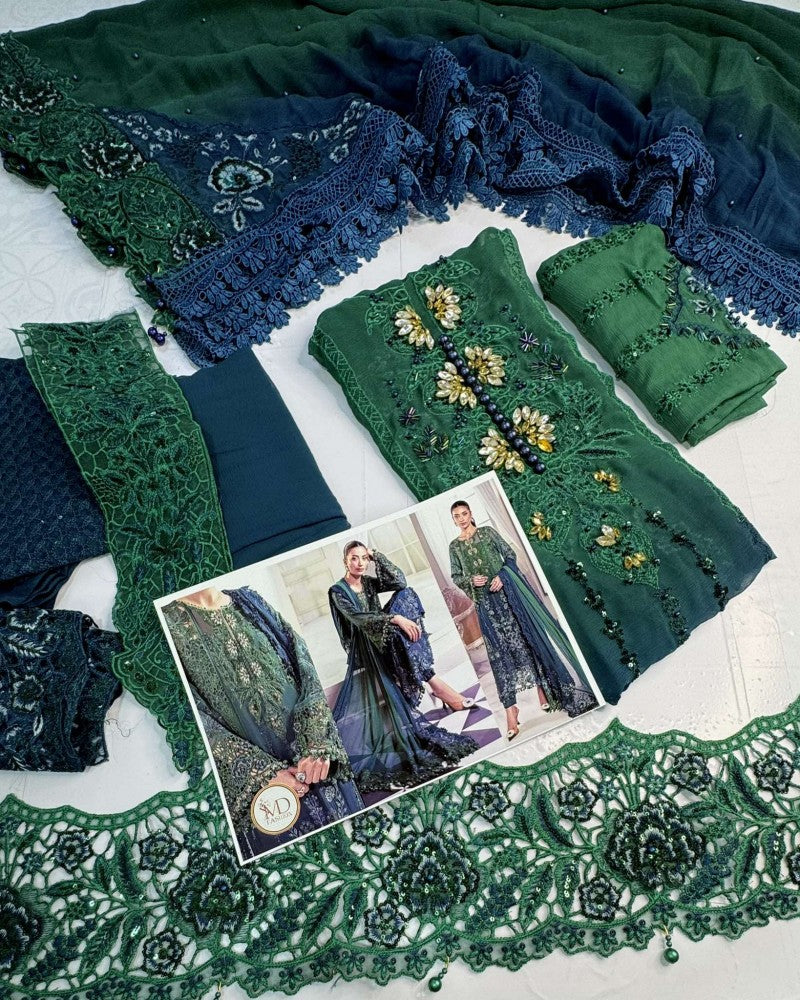 Maria B Emerald Green To Teal Pure Chiffon Suit