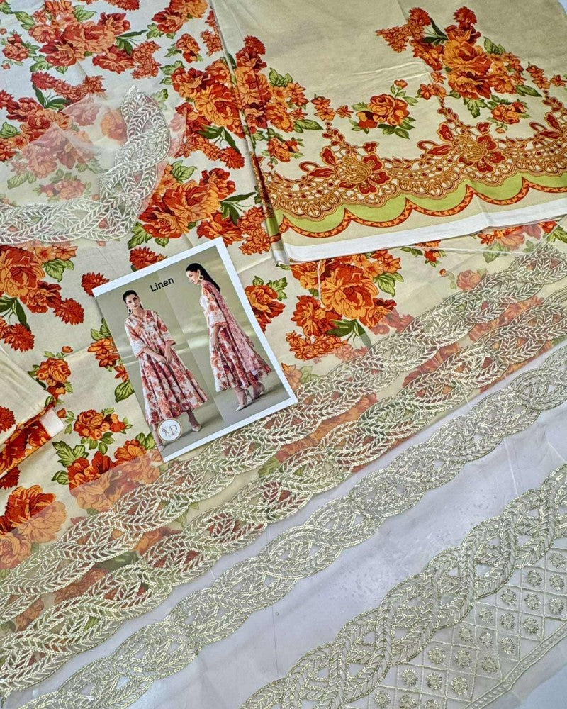 Baroque Winter Linen Printed Embroidered Dress