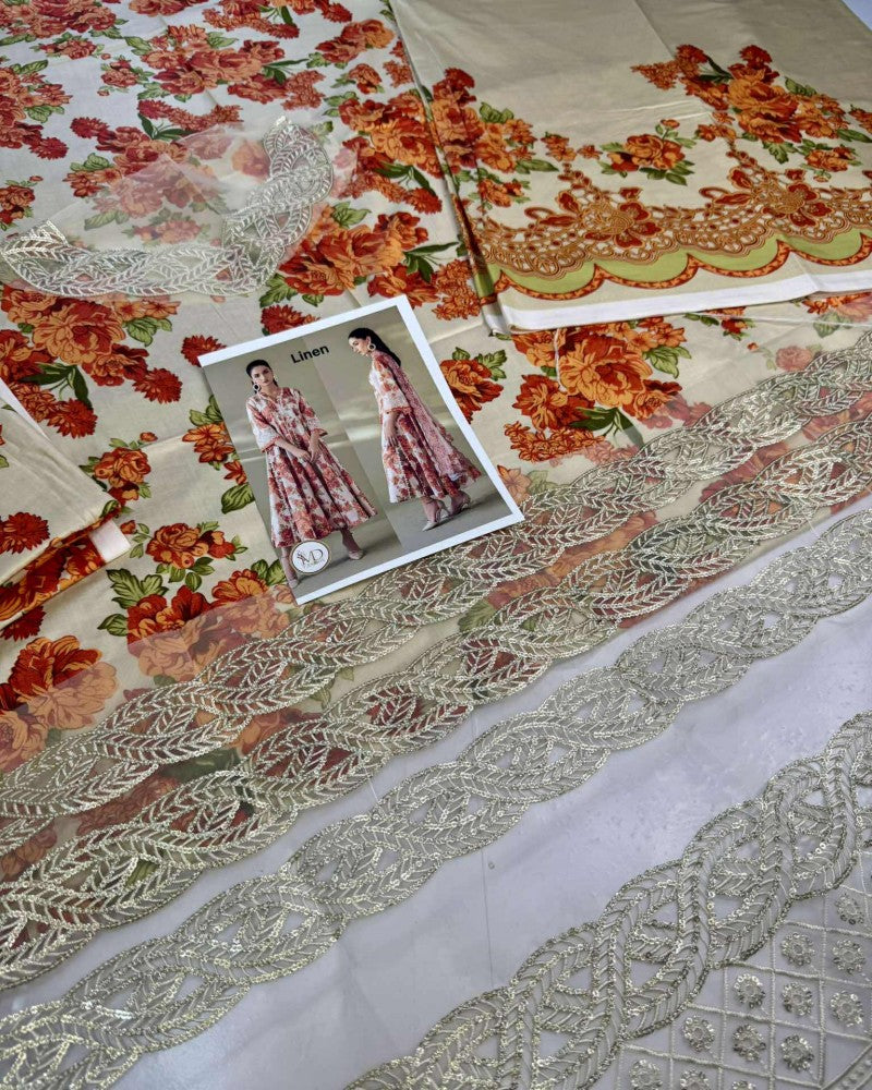 Baroque Winter Linen Printed Embroidered Dress