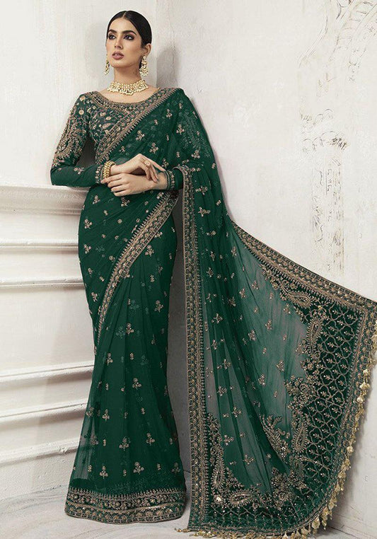 MARIA B GREEN GOLD EMBROIDERED SAREE