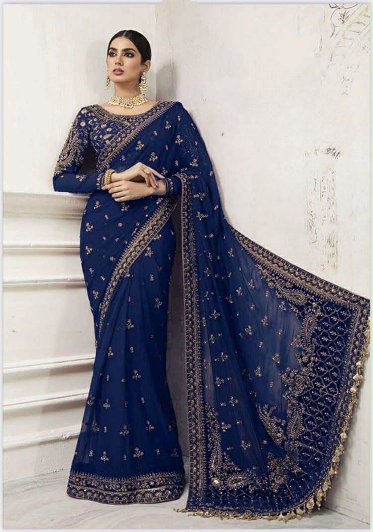 MARIA B BLUE GOLD EMBROIDERED SAREE