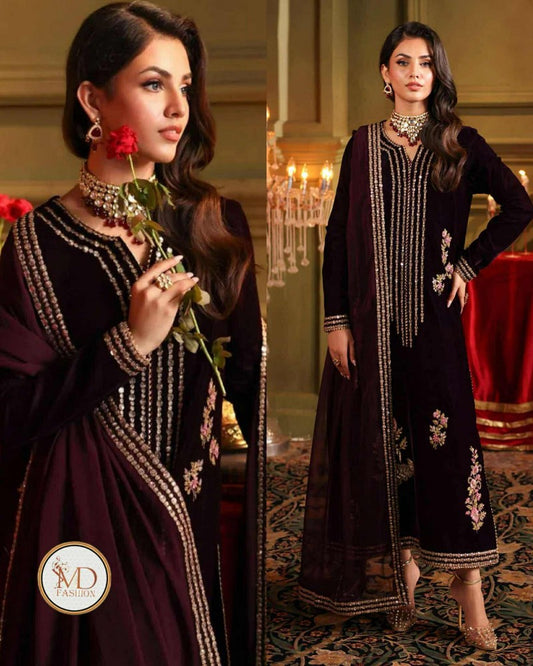 Charisma Velvet Maroon Han Embellished Dress