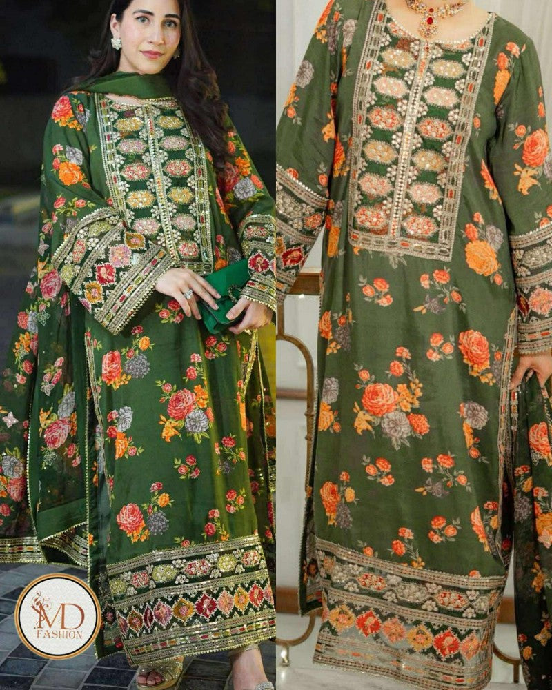 Kareena Charmeuse Silk Green Embroidered Dress