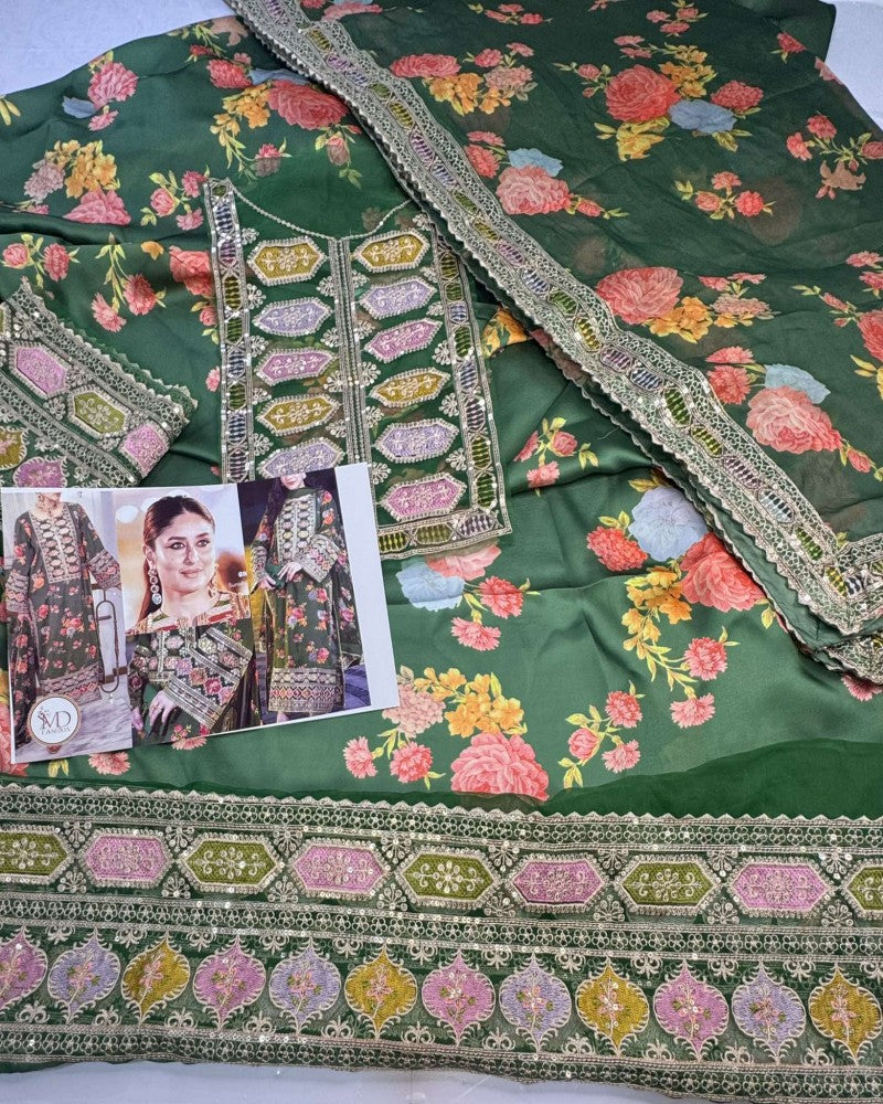 Kareena Charmeuse Silk Green Embroidered Dress