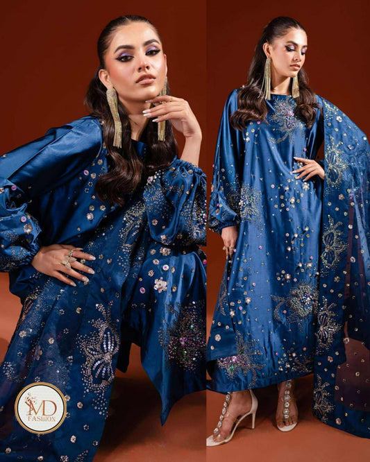 Nureh Blue Raw Silk Formal