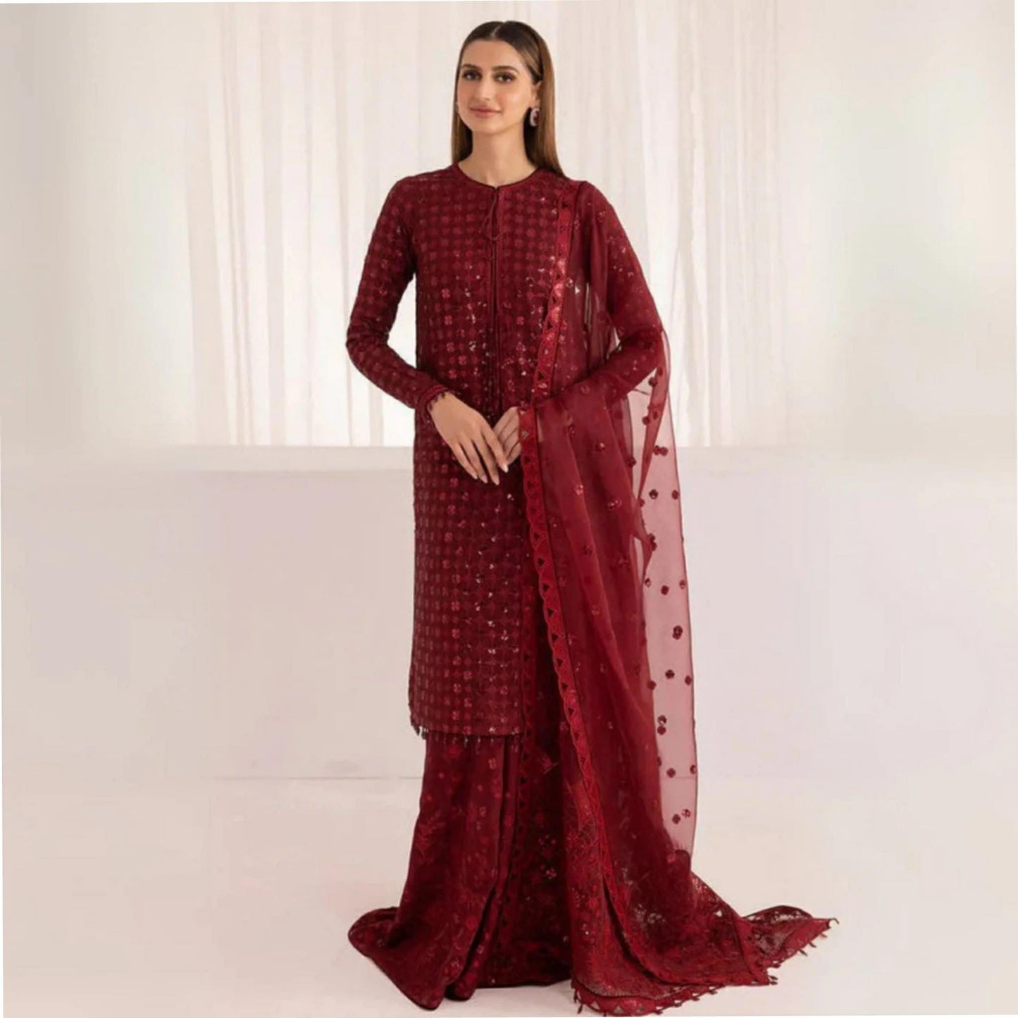 JAZMIN MAROON EMBROIDERED CHIFFON WITH RAW SILK