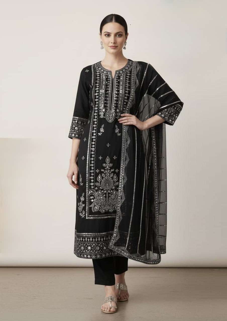 RajBari Cotton black Gold dress with chiffon duppata