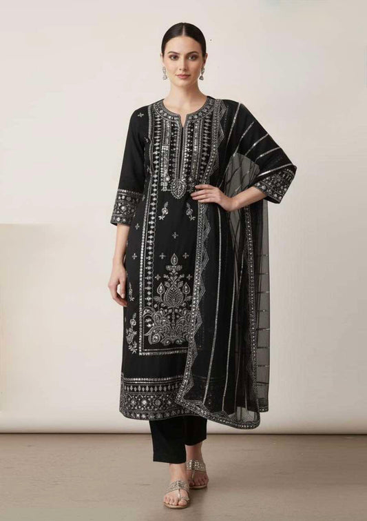 RajBari Cotton black Gold dress with chiffon duppata