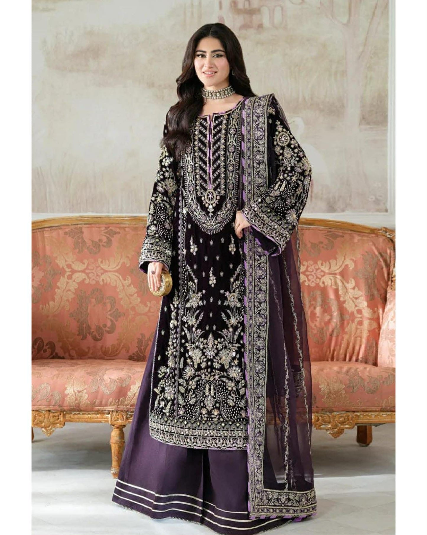 Aneelas Luxurious wedding wear purple velvet