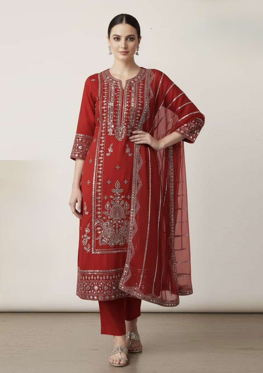 RajBari Cotton Red Gold dress with chiffon duppata