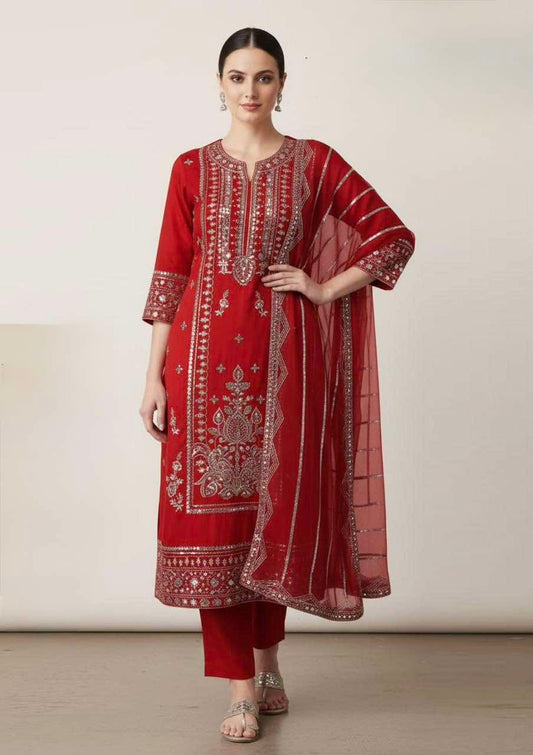RajBari Cotton Red Gold dress with chiffon duppata