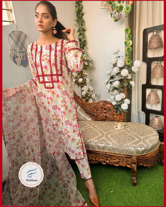 Floral Swiss 3 Piece Stitched Dress