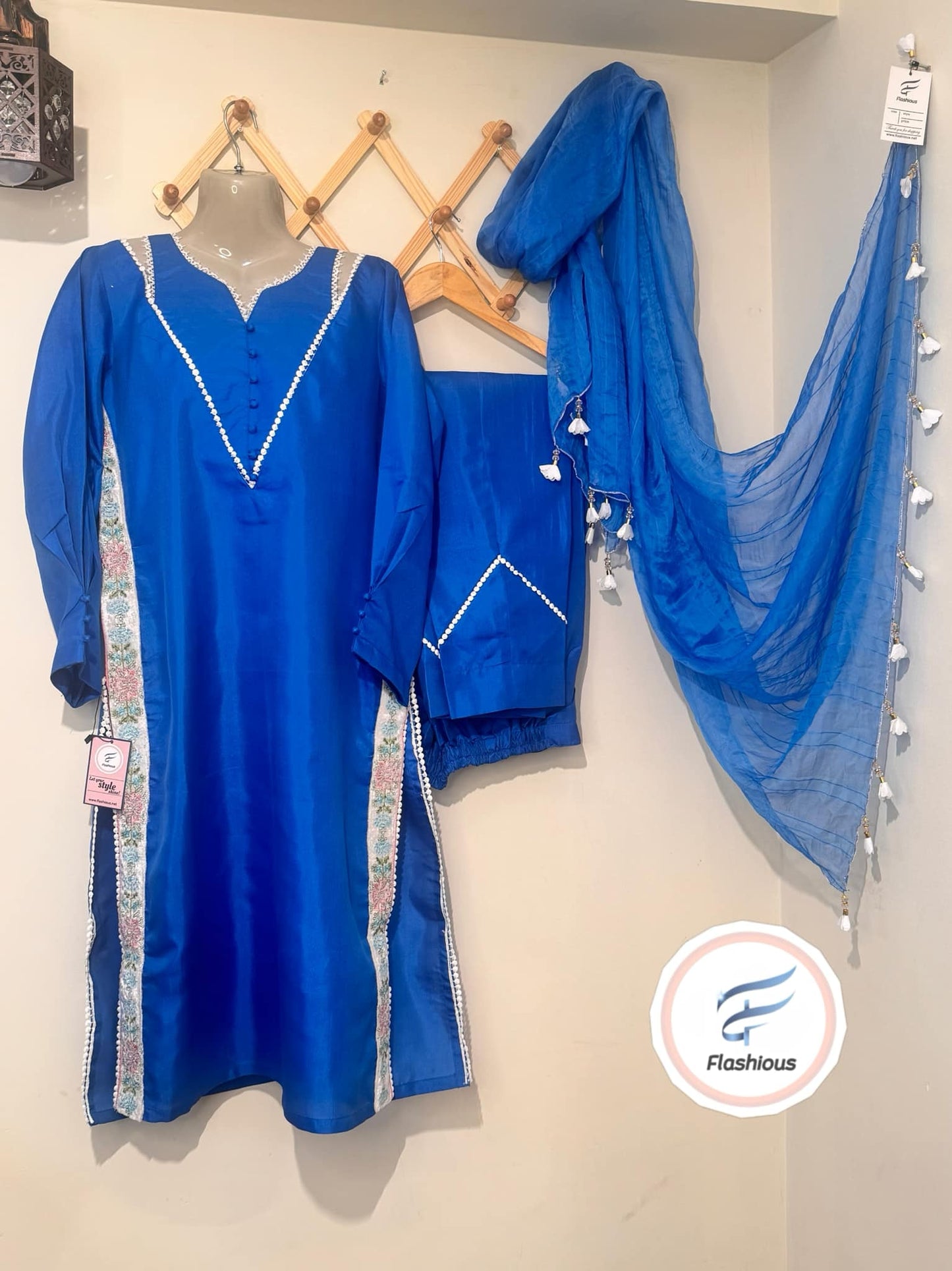 Flashious Stitched Raw-Silk SapphireBlue Dress