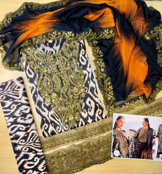 Baroque Lawn Black White Embroidered Dress