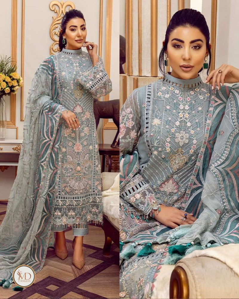 Adan Libas Misty Aqua Barroco Chiffon Embroidered