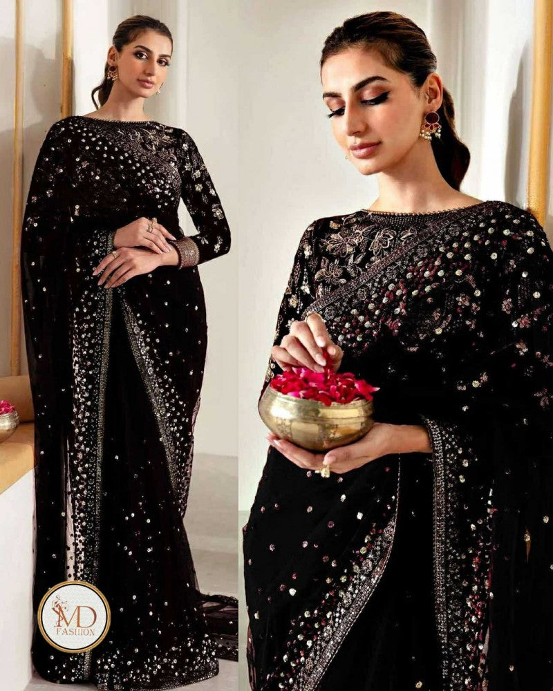 Jazmin Black Net Saree With Velvet Blouse