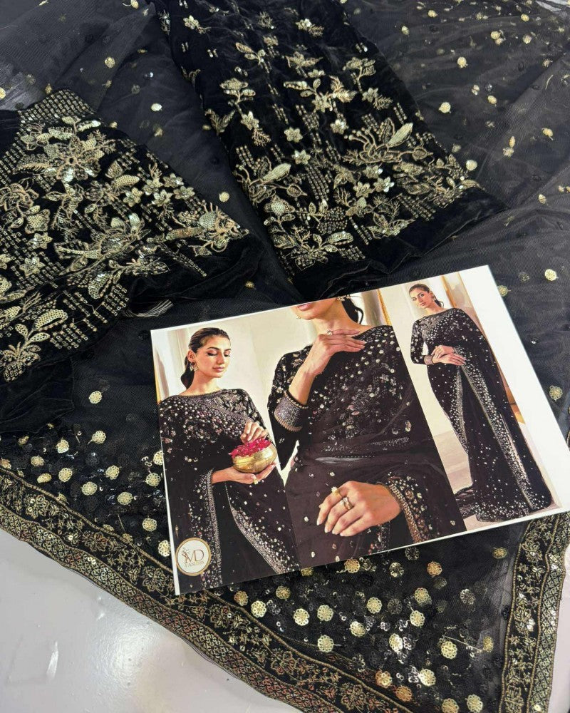 Jazmin Black Net Saree With Velvet Blouse