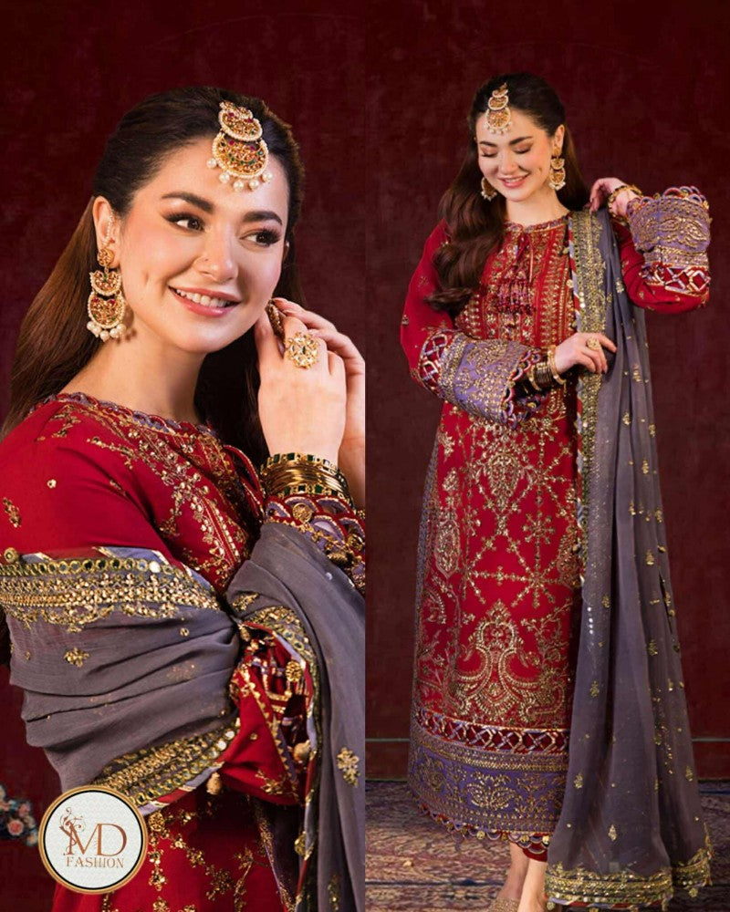 Asim Jofa Hania Amir Red With Gray Chiffon Dress