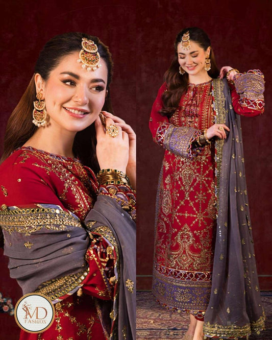 Asim Jofa Hania Amir Red With Gray Chiffon Dress