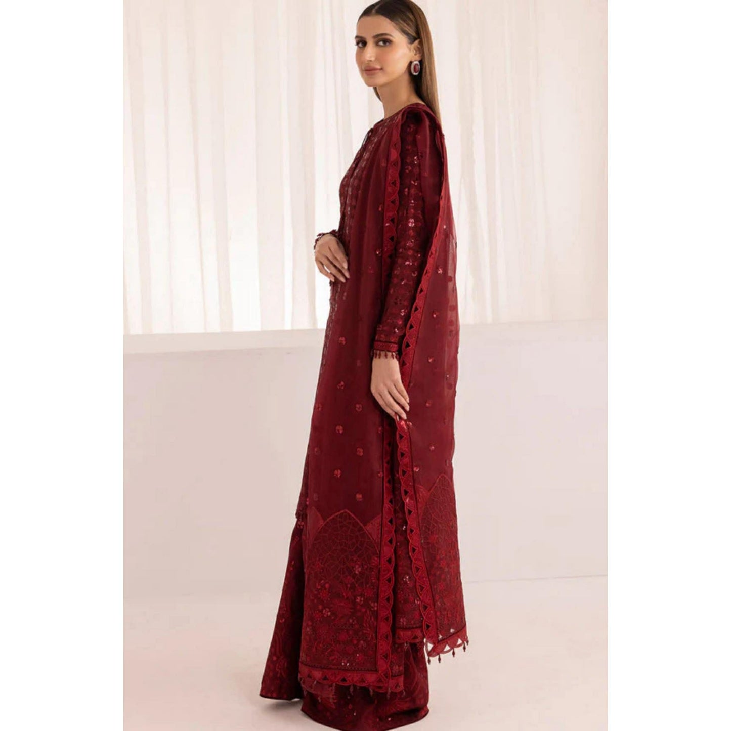 JAZMIN MAROON EMBROIDERED CHIFFON WITH RAW SILK