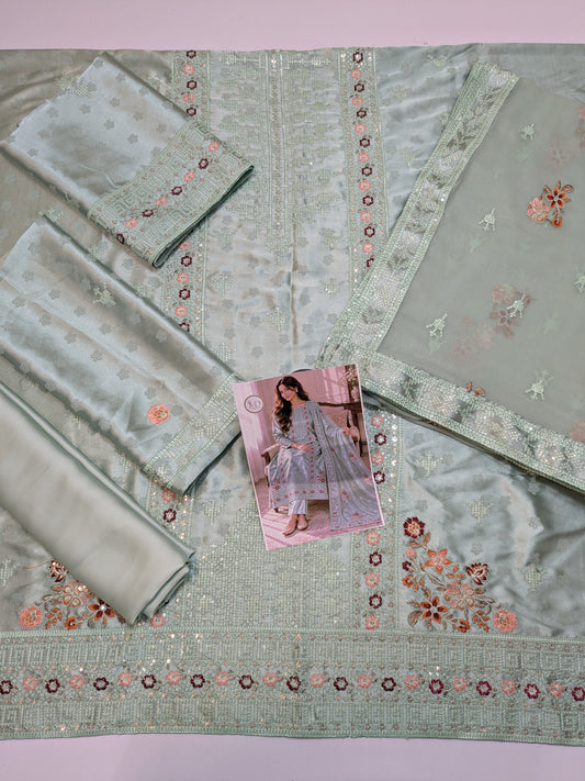 ZARQÉ Sage Damask Silk Suit with Pure Chiffon Dupatta