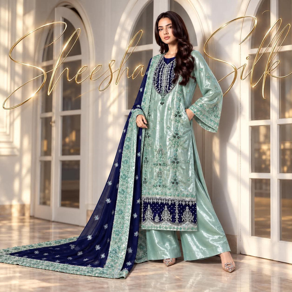 SLEEK Sea Navy Sheesha Silk Hand Embellished Dress