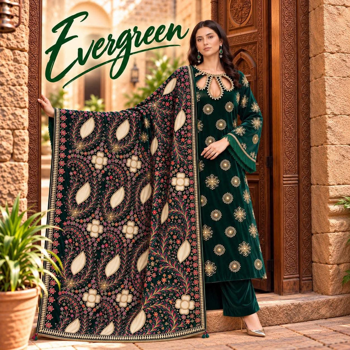 Evergreen Velvet Suit Cutwork Carving Heavy Shawl