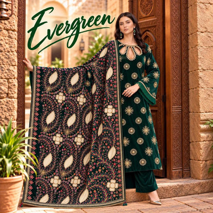 Evergreen Velvet Suit Cutwork Carving Heavy Shawl
