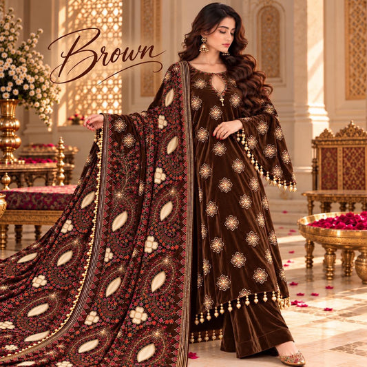 Brown Velvet Suit Cutwork Carving Heavy Shawl
