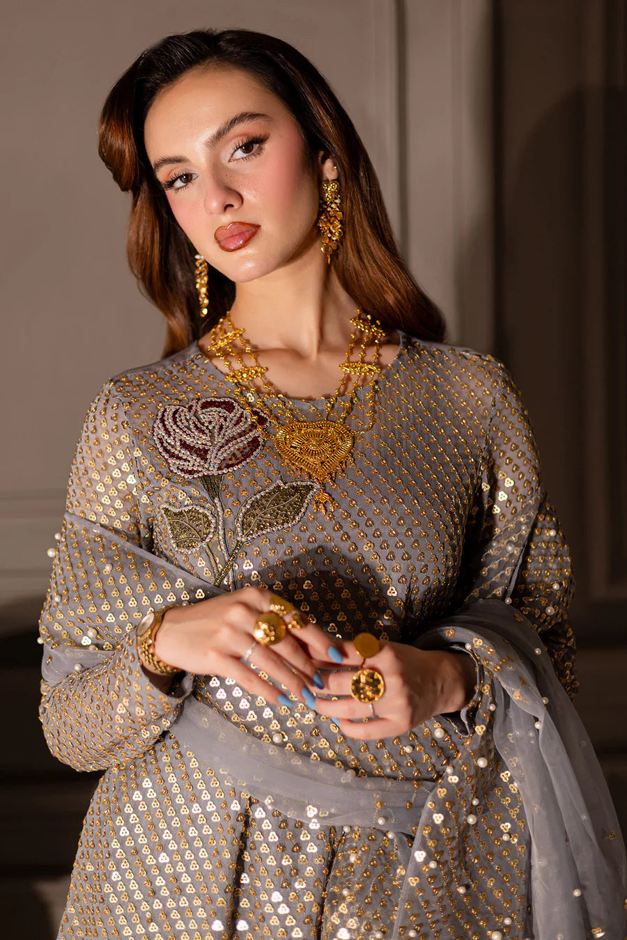 Nureh Twinkle Grey Sequence Embroidered