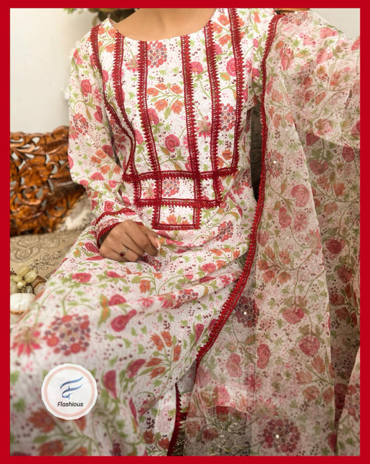 Floral Swiss 3 Piece Stitched Dress