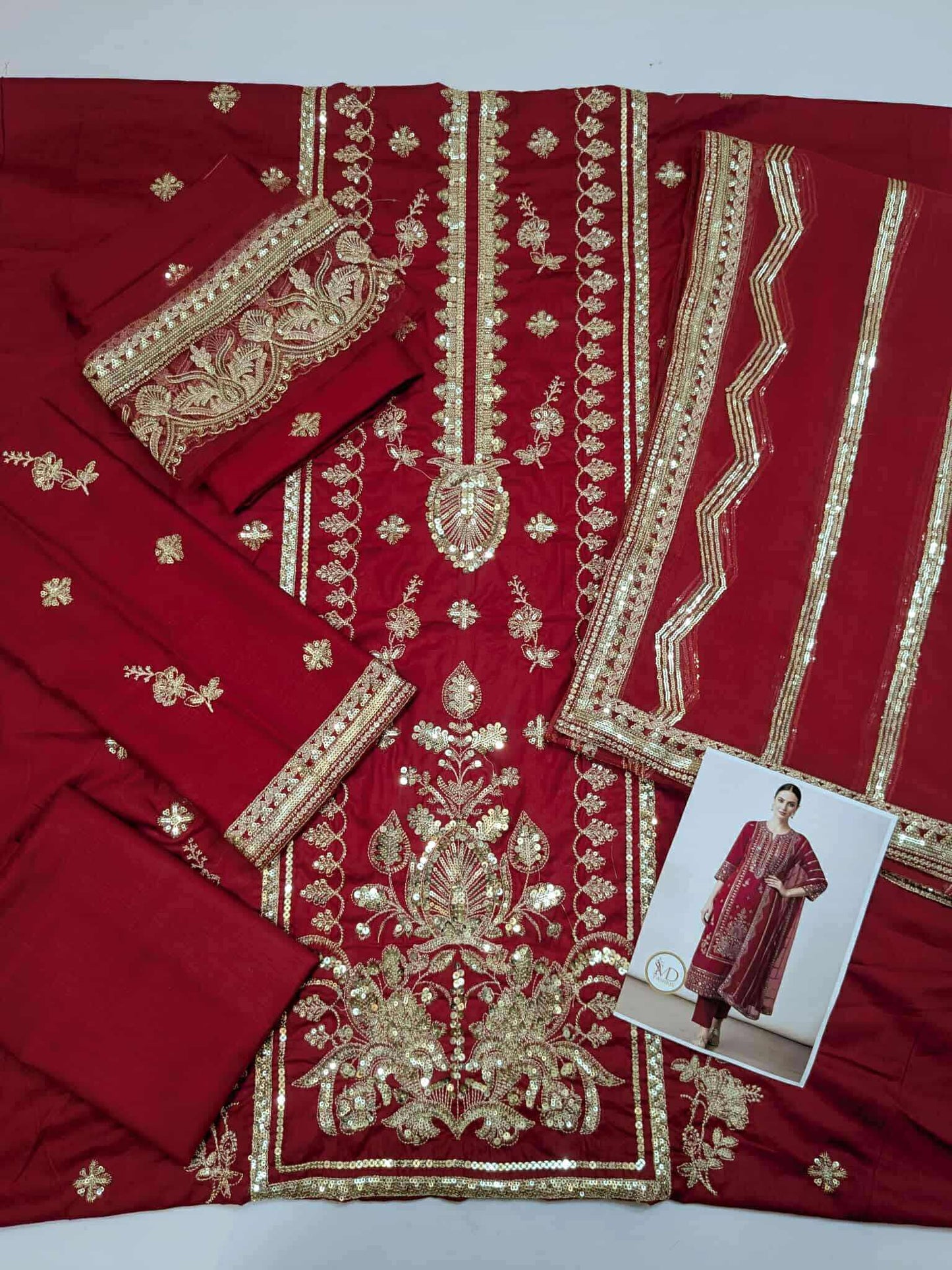 RajBari Cotton Red Gold dress with chiffon duppata
