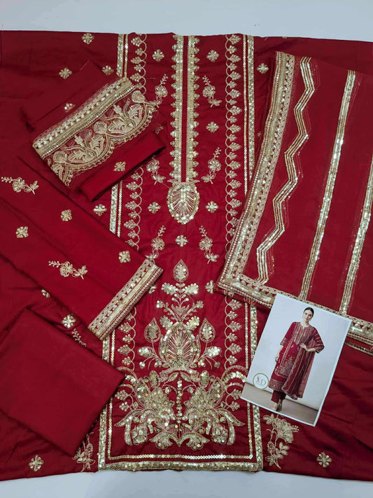 RajBari Cotton Red Gold dress with chiffon duppata