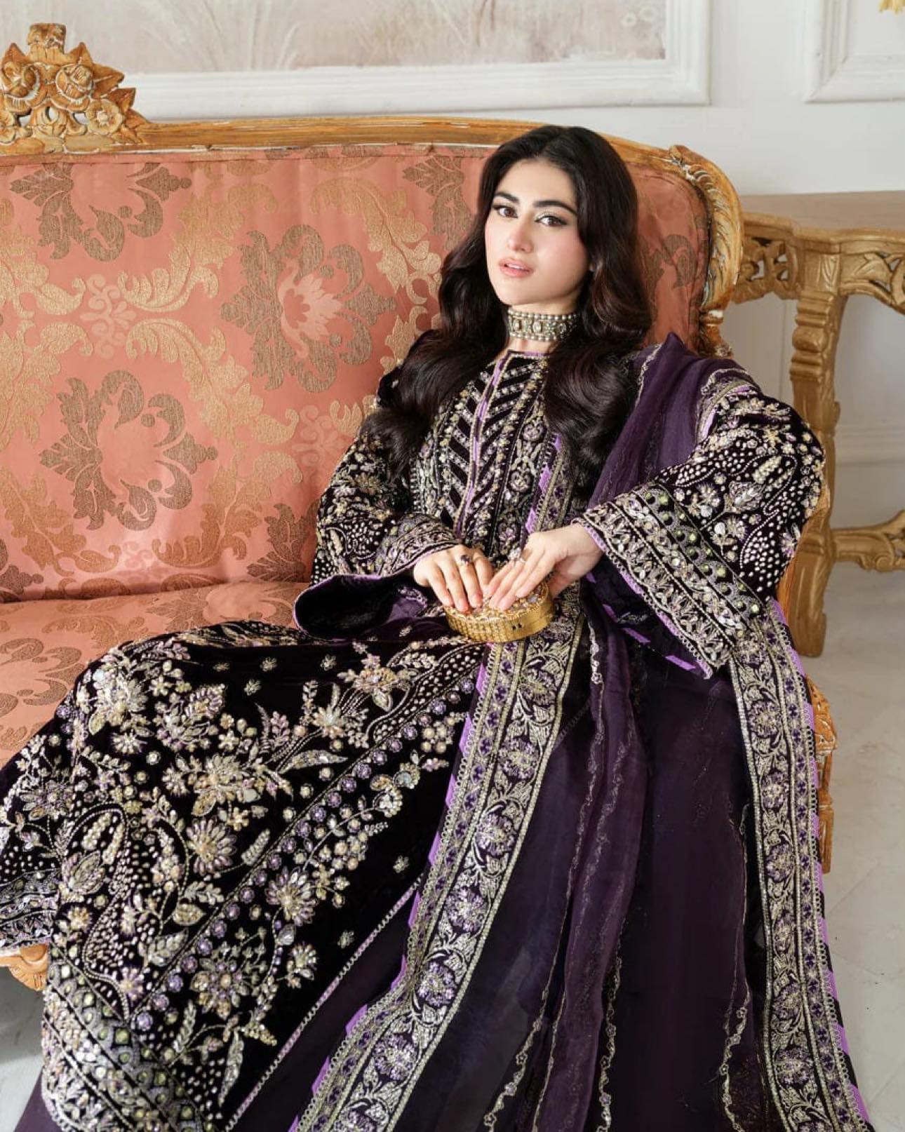 Aneelas Luxurious wedding wear purple velvet